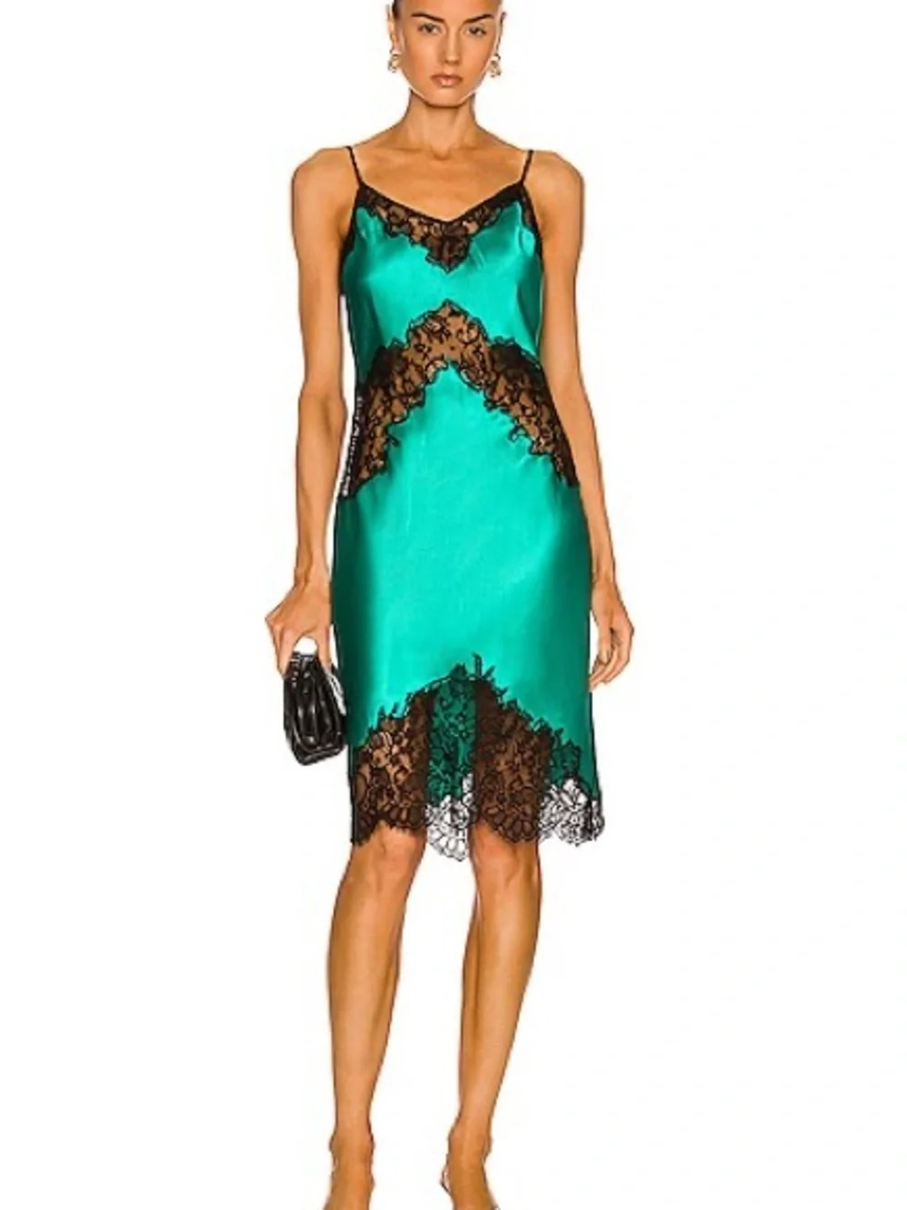 Fleur du Mal green silk Slip Dress with Black Lace Trim XS new - Picture 1 of 5
